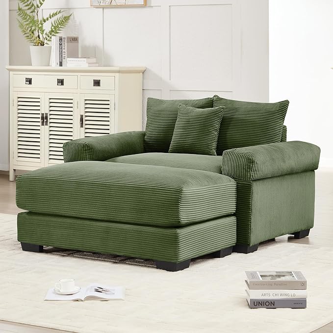 ERYE Modern Corduroy Upholstered Accent Chair and Ottoman Set Oversized Wider Seat Armchair Leisure Comfy Lounge Chaise with Removable CushionArmrests and 3 Pillows