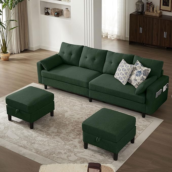 Sectional U Shape Sofa with Storage 100 U Shaped 4 Seater Couch with 2 Movable Ottoman Chaises Polyester Fibre for Living Room Green