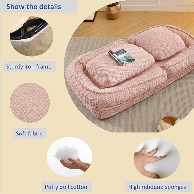 Lazy Sofa Couch 5 Adjustable Position Floor Sofa Fits with 2 Pillows Folding Tatami Lazy Bed Suit to Put in Bedroom Living Room (Pink)