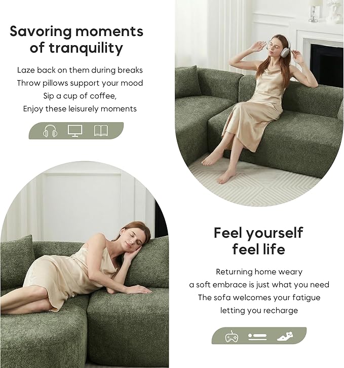 Oversized Sectional Sofa with Chaise with 2 Throw Pillows 109 Modern Luxury Chenille Sofa Extra Wide Seat L-Shape Curved Cloud Couch for Living Room (Left Chaise Green)