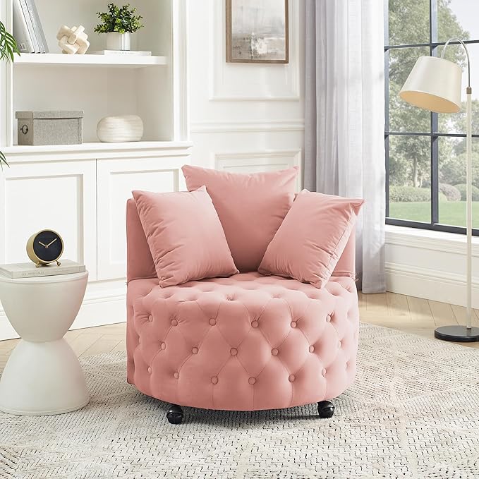 Velvet Upholstered Swivel Chair for Living Room with Button Tufted Design and Movable Wheels Including 3 Pillows Pink