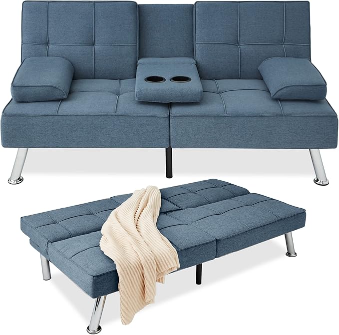 Best Choice Products Linen Modern Folding Futon Reclining Sofa Bed for Apartment Dorm w/Removable Armrests 2 Cupholders - Blue