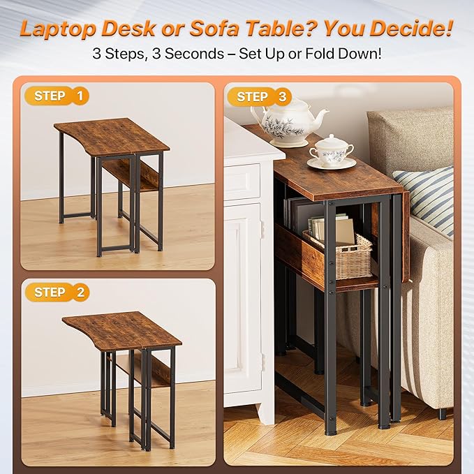 Huuger Folding Desk with Storage Shelf 31.5 Inch Foldable Computer Table for Small Spaces Space Saving Sofa Table for Couch Writing Work Office Computer Desk Easy to Fold Rustic Brown