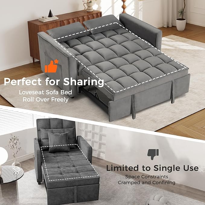 ANJ 3 in 1 Convertible Sofa Bed Pull Out Futon Loveseat Sleeper Sofa Couch with Adjustable Backrest Storage Pockets 2 Pillows for Living Room Bedroom