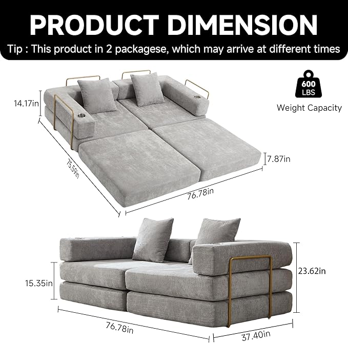 Convertible Sleeper Sofa Bed – 77'' 3-Seater Futon Couch with Corduroy Upholstery Pull-Out Floor Bed High-Density Foam No Assembly Perfect for Living Room Bedroom Apartment Studio (Beige)