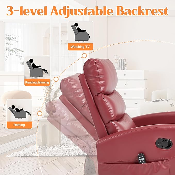 Luxlen Manual Swivel Rocker Recliner Chair with Massage Overstuffed Recliner Glider with Vibration Massage and Heat for Nursery Living Room Reclining Sofa Chair PU Leather Red