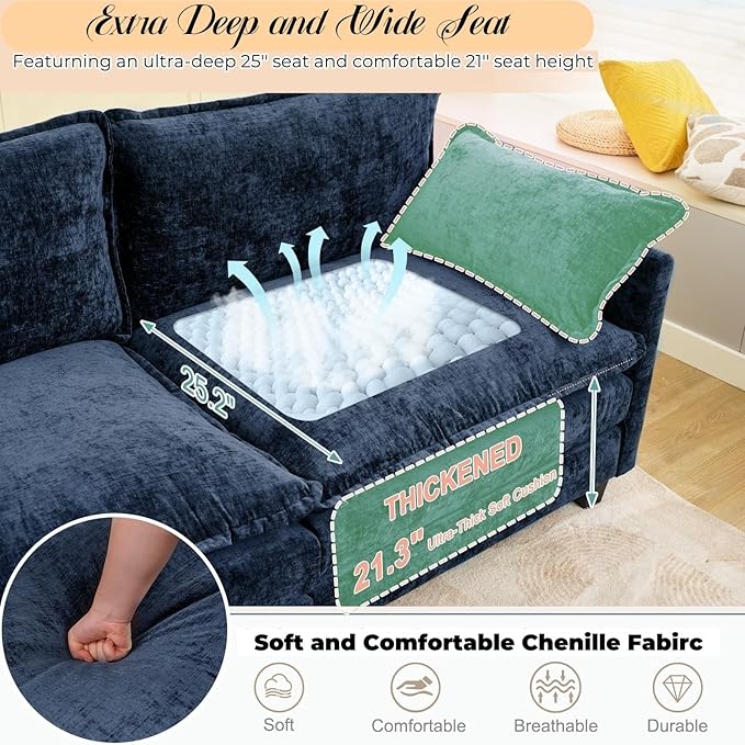 Modular Sectional Cloud Couch 2 Seat Convertible Sectional Couches Sofa with Ottoman Convertible L-Shape Cloud Sectionals Couches for Living Room Apartment Blue