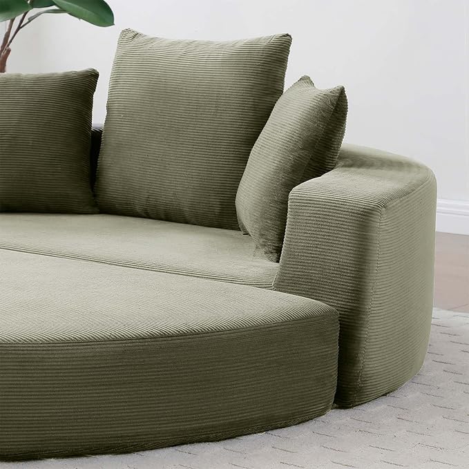67-inch Convertible Futon Sofa Bed Round Folding Comfy Corduroy Upholstered Couch Bed with 3 Pillows Boneless Floor Lazy Loveseat Sofa for Living Room Apartment Small Spaces Pinstripe Green