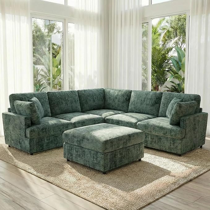 ERYE 122-Inch Modern Corner Modular Sectional Sofa Couches with Ottoman and 4 Toss Pillows Comfy Chenille Upholstered U-Shaped Sofa Convertible L-Shaped Symmetrical Couch