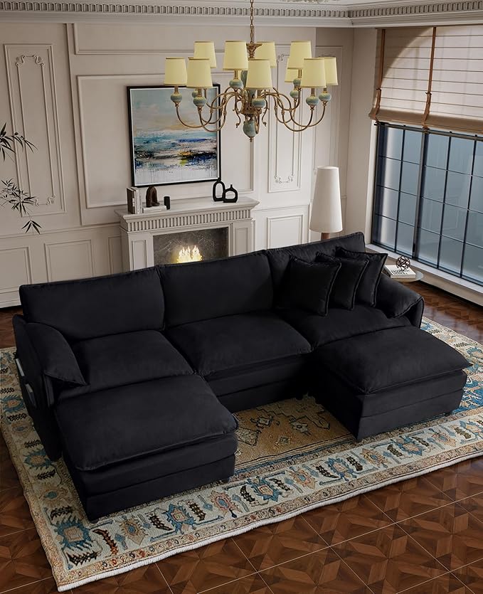 109 Modular Sectional Sofa with 2 Ottoman Chenille Cloud Couch for Living Room &amp Apartment Deep Seat Comfort Flexible U-Shape Combination Sofa for Home &amp OfficeBlack
