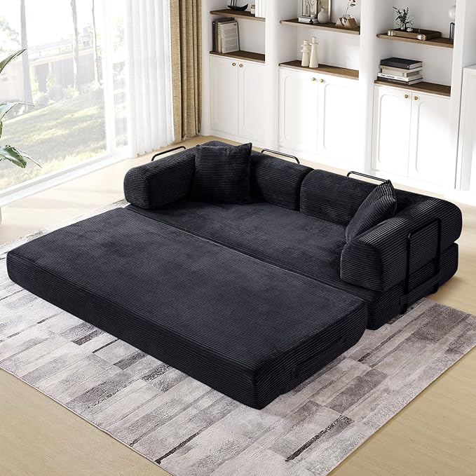 Convertible Folding Sofa Bed Corduroy Sleeper Mattress Couch with Fixed-Shape Frame Free Combination Loveseat Lounge Floor Sofa Queen Size Memory Foam Couch for Living Room Bedroom Black