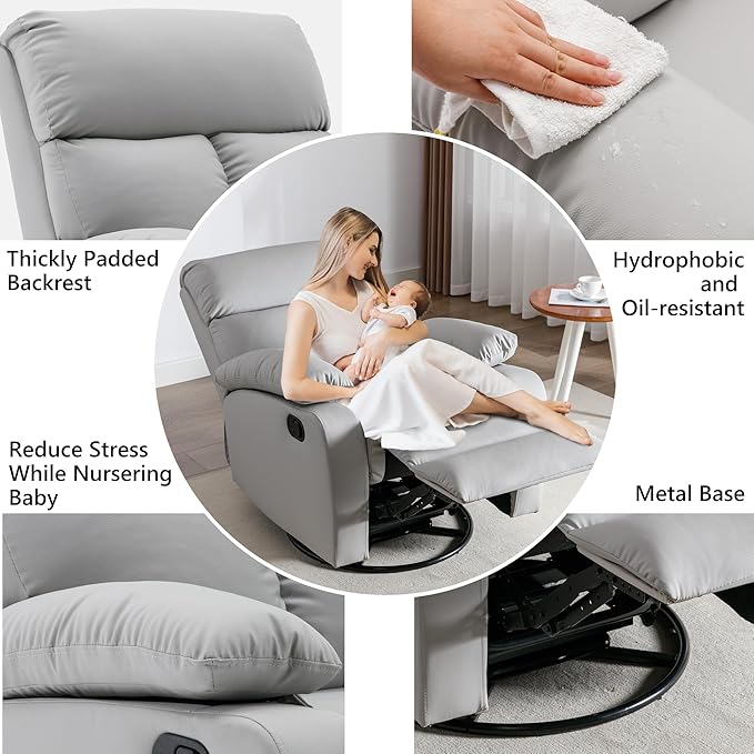 Rocking Recliner Chair Swivel Rocker Recliner Glider Small Rocker Recliners for Small Spaces Living Room Bedroom Nursery RV Grey