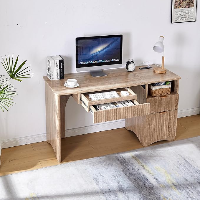 55 Modern Computer Desk with Keyboard Tray Built-in Power Outlets Fluted Design 2-in-1 Main Drawer &amp Adjustable File Drawer Office Desk for Home Workspace (Light Oak)