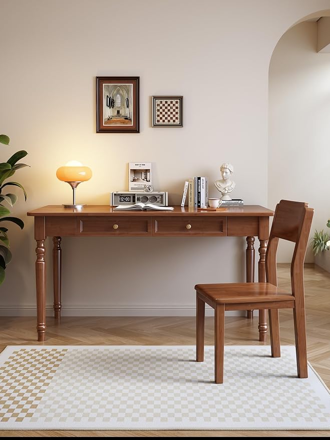 Large Computer Desk with 2 Storage Drawers 47 Home Office Desks- Elegant Wood Writing Desks Classic Vanity Dressing Table for Small Space Easy Assembly Caramel Brown SXC-D776