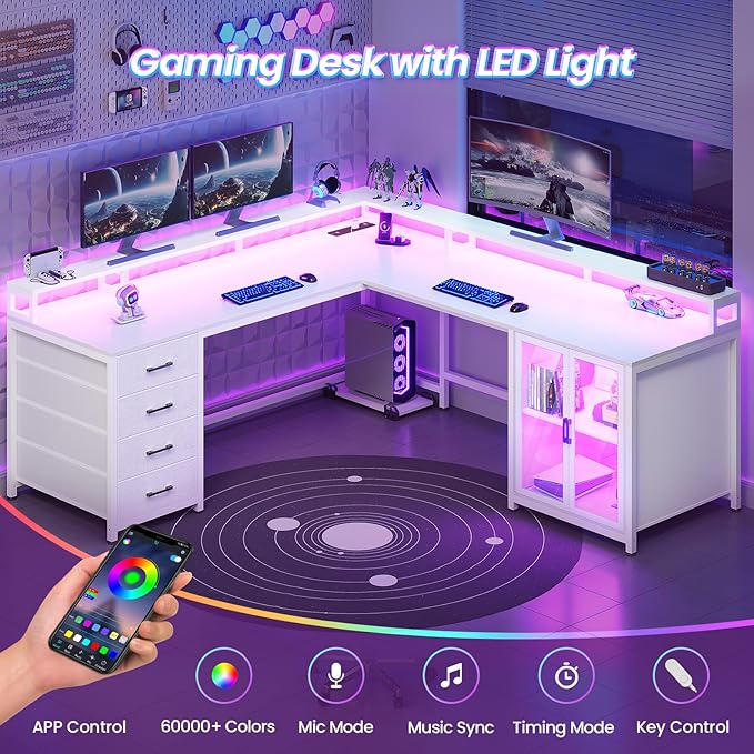 SEDETA L Shaped Gaming Desk with 4 Drawers 109” Computer Desk with Display Cabinet Home Office Desks with 2 Monitor Stands CPU Stand LED Lights and Power Outlet White