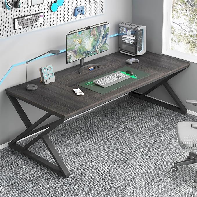HSH Large Rustic Computer Desk Industrial Extra Long Home Office Desk Modern Pc Study Gaming Writing Table for Two Person Workstation Executive Desk for Home Bedroom Living Room Dark Gray 70 Inch