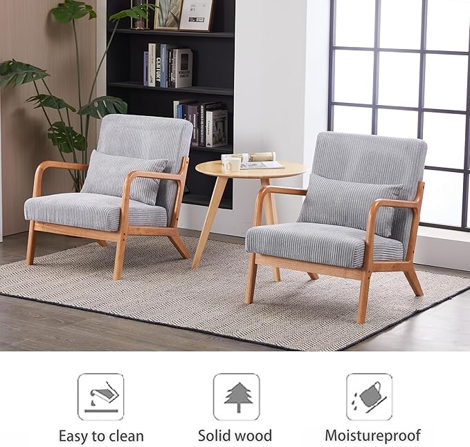Mid-Century Accent Chair Upholstered Fabric Living Room Chair with Solid Wood Frame Modern Small Side Arm Chairs Comfy Wingback Reading Chair for Bedroom Office (Light Gray)
