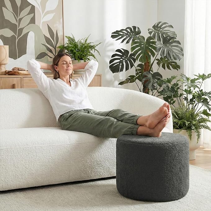 Round Stuffed Pouf Ottoman with Convertible Pull Out Sleeper Couch Sofa Bed Furry and Fluffy Pouf Foot Stool Ottoman Floor Poufs Foot Rest for Living Room Office (Grey)