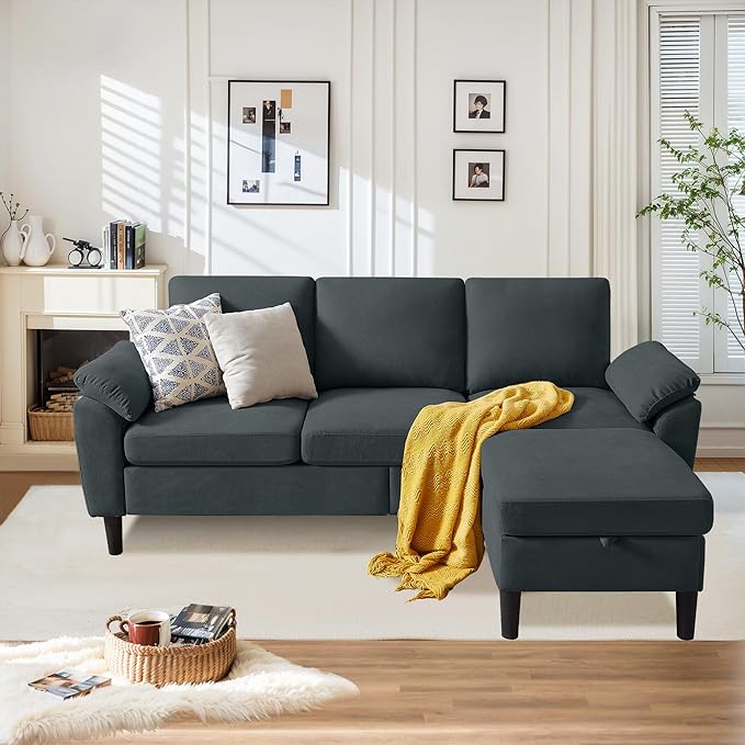 Sectional Sofa82 L Shaped 3 Seater Couch with Movable Ottoman Armrest Pillow Polyster Fabre for Small Spaces Dark Grey