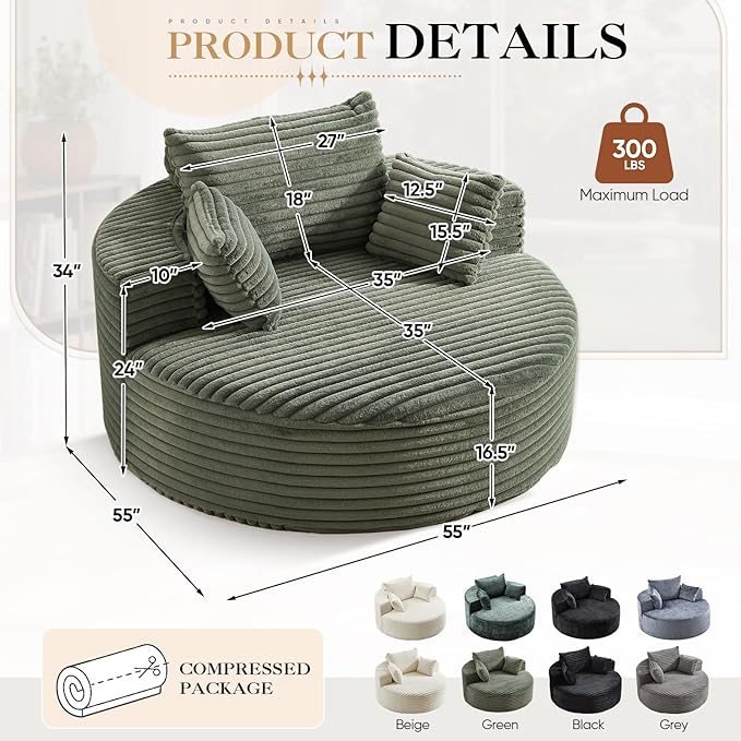 Modern Round Accent Sofa Chair for Living Room Upholstered Corduroy Barrel Lounge Arm Chair with Large seat&ampThrow Pillows for Bedroom Office Apartment Green
