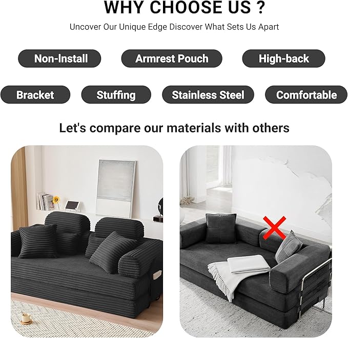79'' Upgrade High Backrest Convertible Sofa Bed with Fixed Frame Removable Armrests &amp Backrest Corduroy Sleeper Couch No Assembly Guest Bed for Small Spaces (High Backrest Black) | Convertible