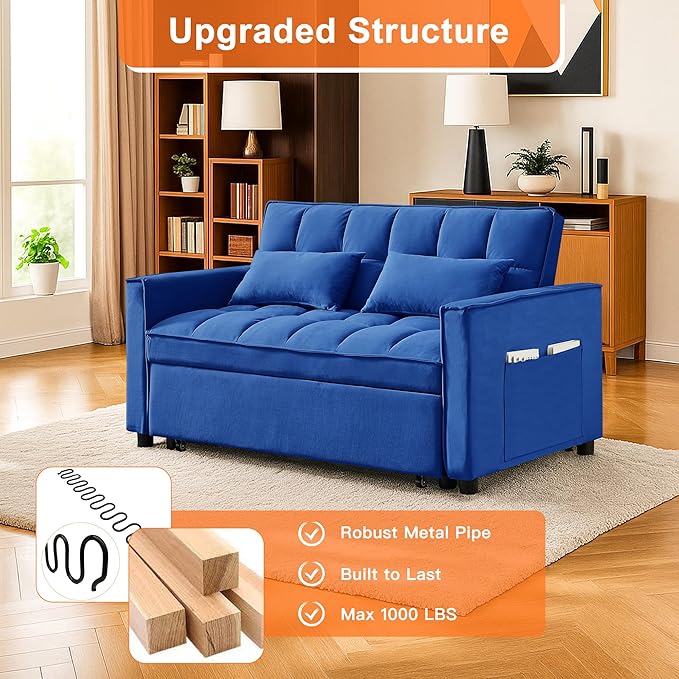 Sleeper Sofa Couch with Pullout Bed 54'' Velvet Futon Loveseat Sofa 3-in-1 Convertible Love Seat Couch for Living Room Apartment Chair Bed Sleeper for Adults (Blue)