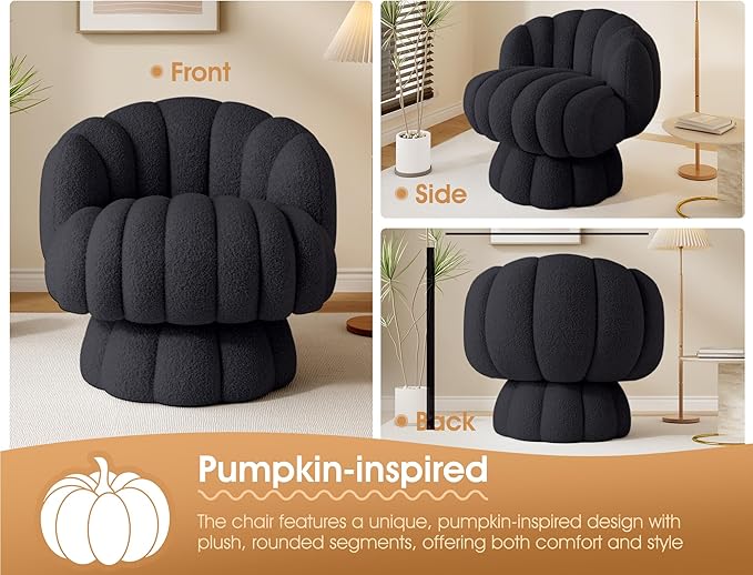 Teddy Fleece Swivel Vanity Chair - Armless Padded Accent Desk Chair for Bedroom Living Room Black