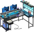 EnHomee 52.2'' Gaming Desk with LED Lights &amp Fabric Drawer L Shaped Computer Desk with Ergonomic Monitor Stand Reversible Office Desk with Hutch &amp Power OutletCorner Desk with HooksBlack