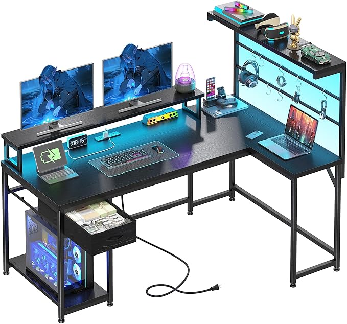 EnHomee 52.2'' Gaming Desk with LED Lights &amp Fabric Drawer L Shaped Computer Desk with Ergonomic Monitor Stand Reversible Office Desk with Hutch &amp Power OutletCorner Desk with HooksBlack