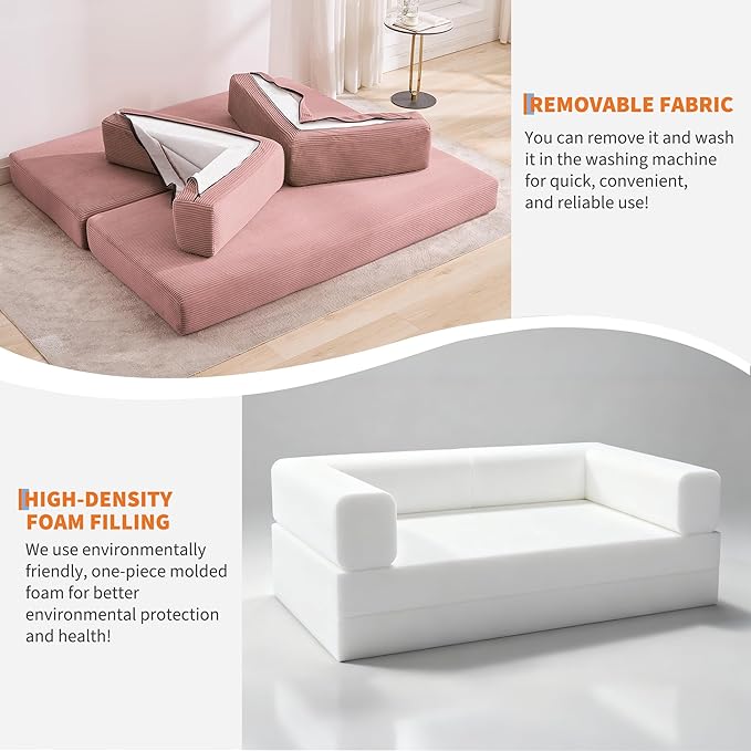 Convertible Sleeper Sofa Bed 78.8 Floor Sofa Bed 5-in-1 Folding Mattress Couch Loveseat with Fixed-Shape Frame Pillow Corduroy Fabric for Living Room Bedroom Lounge (Pink)