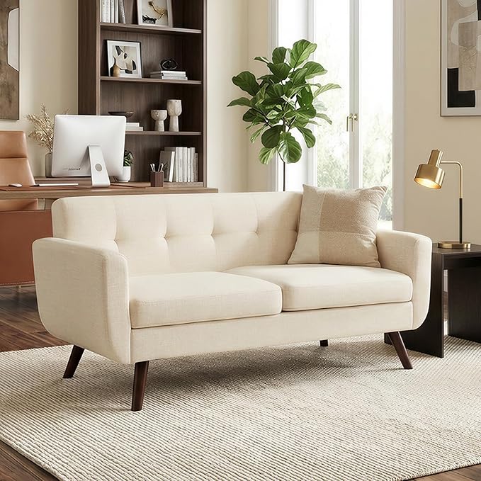 Tbfit Loveseat Sofa 65 W Mid Century Modern Love Seat Couches for Living Room Button Tufted Upholstered Small Sofa Couch for Bedroom Beige