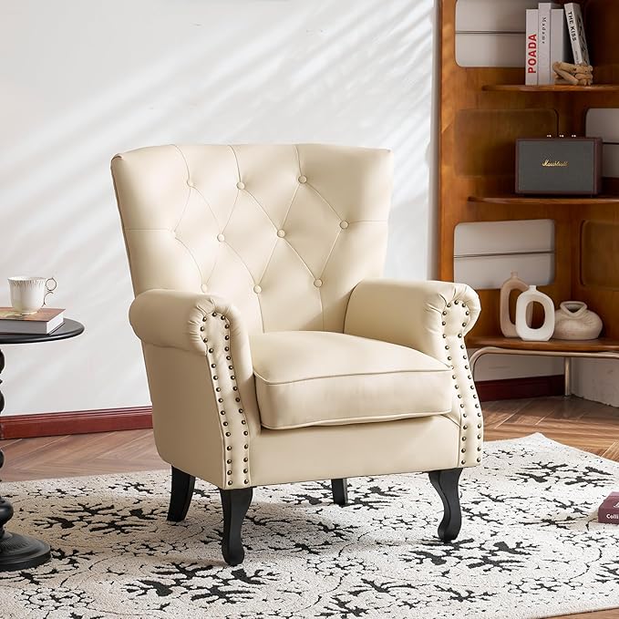 MOJAY PU Leather Accent Chair Mid-Century Modern Armchair Living Room Club Chair with Tufted Button &amp Rivet Trim Upholstered Sofa Chair with Sturdy Wood Legs for Bedroom (Ivory White)