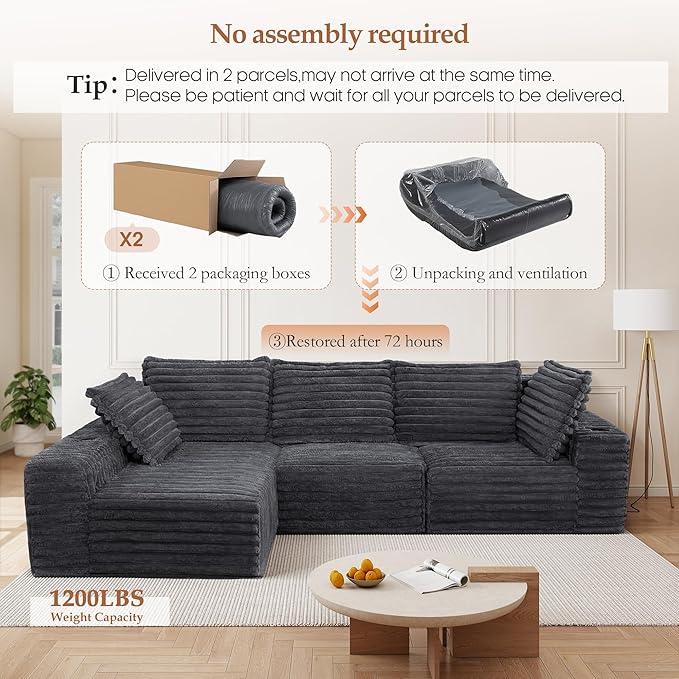 Cloud Boneless Sofa Oversized Modular Sectional L-Shape Sofa with Chaise High Backrest Corduroy Fabric Couch with USB Charging Ports Cup Holders &amp Pillows for Living Room (Light Grey)