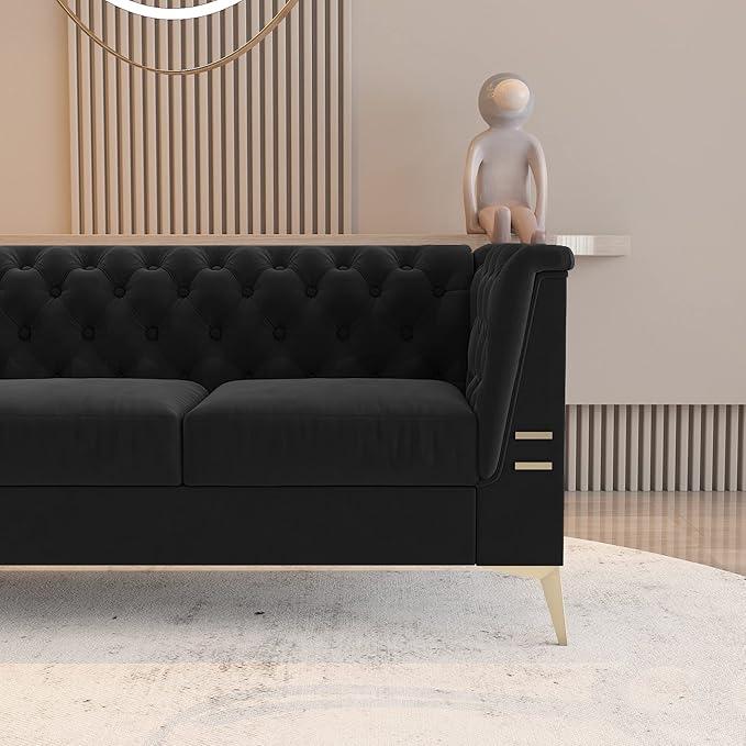 Black Chesterfield Velvet Couch for Living Room3 Seater Tufted Sofa with Gold Metal Legs Large Upholstered Comfy Couch (Black 82)