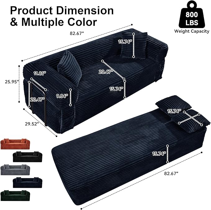 83'' Boneless Couch in A Box No Assembly Needed Sofa Bed Couch 3 Seater Corduroy Modern Cloud Sofa 29'' Deep Seat with 2 Pillows &amp Removable Backrest for Living Room Bedroom Apartment Navy Blu