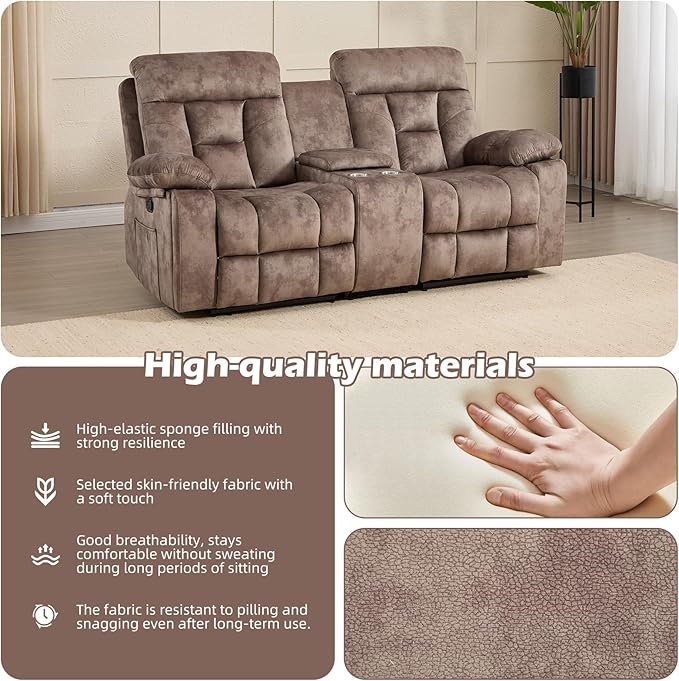 CANMOV Loveseat Recliner Manual Recliner Sofa Chair for Living Room Reclining Sofa with Storage ConsoleHidden Cup Holders 2 Seat Camel-Brown