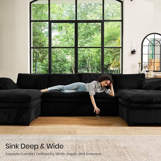 Belffin Large Modular Sectional Sofa with Deep Chaise 104 Corduroy L Shaped Couch with 9 Soft Dual-Layer Seats Cushion for Living Room Apartment Black