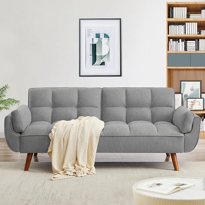 Convertible Futon Sofa Bed Linen Sleeper Couch 75 W Modern 3 Seater Tufted Sofa with Adjustable Backrests and Solid Wood Legs for Living Room Bedroom Small Space Gray
