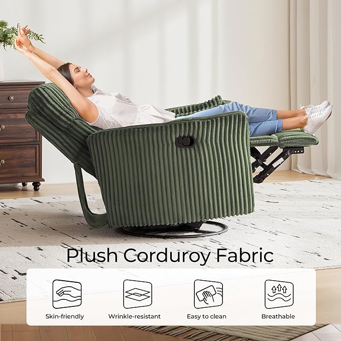 LINSY 360 Swivel Recliner Chair Nursery Glider Rocking Chair with 2 Pillows Corduroy Nursing Chair Comfy High Back Adult Rocker Recliner for Small Spaces Nursery Bedroom Living Room (Green)