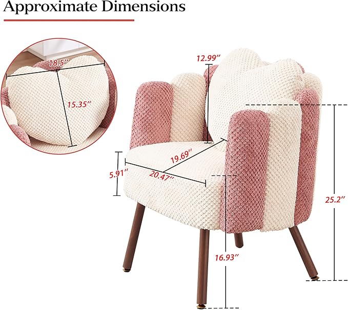 Modern Velvet Petal Accent ChairCute Vanity Chair with Back and Wood LegsHome Reading Chair Armchair for Living RoomMakeup RoomBedroom (Beige+Pink)