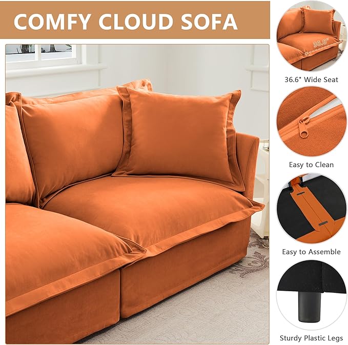 Modern Single Sofa Chair 49 Slipcovered Armchair Oversized Upholstered Accent Chair Comfy Cloud Deep Seat Sofa Chair with 2 Throw Pillows for Living Room Bedroom Apartment Chenille Orange