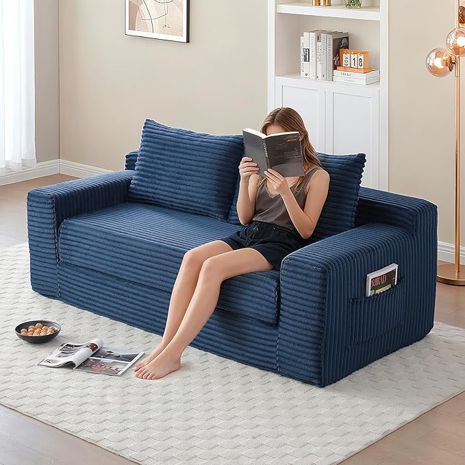 73 Convertible Sofa Bed Pull Out Boneless Loveseat Sleeper Sofa Corduroy Foldable Couch Bed with Storage Bag No Assembly Couch in a Box for Living Room Apartment (Blue)