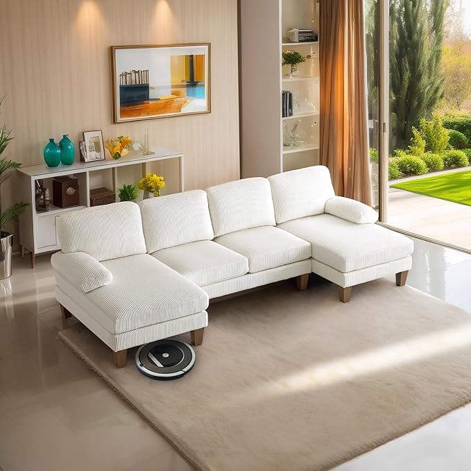 VINGLI 110' U Shaped Comfy Sectional Couch Double Chaise Sofa in Corduroy Fabric for Apartment 4-Seater Upholstered Couch with Memory Foam Modern Couches for Living Room Small Space Beige