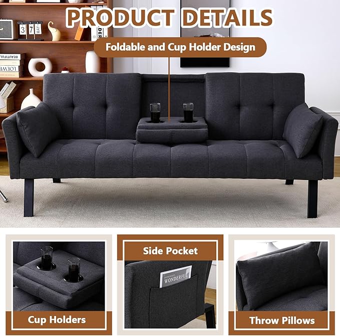 72 Cotton Linen Futon Couch Living Room Couch Bed Convertible Sleeper Sofa Bed with Cup Holder for Bedroom Guest Bed 2 Seater Reclining Sofas Couches with Nailhead Trim for Small Space (DARK GREY)