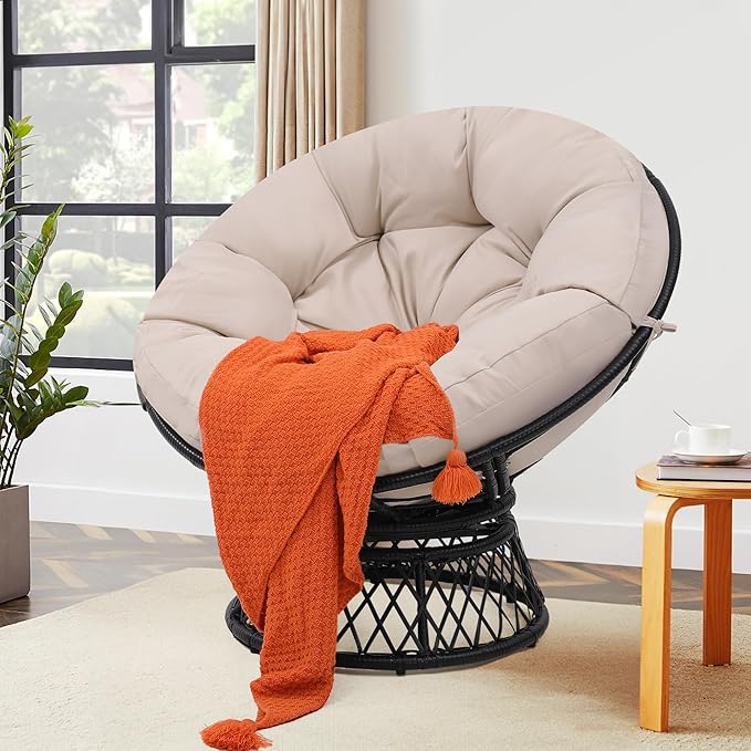 46 Giant Oversized Ergonomic Rattan Papasan Chair with Soft Thick Cushion for Adults Fluid 360° Swivel Waterproof Black Frame with Beige Cushion