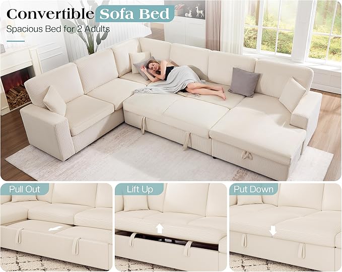 VanAcc 130 Sofa Bed Sectional Sleeper Sofa with Pull Out Bed Sleeper Couch with Storage 6 Seater Couch for Living Room Corduroy Off-White