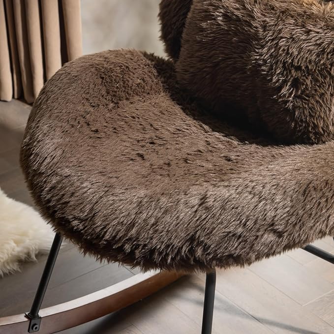 VINGLI 25.6 Extra Wide Nursery 115° Armless Rocking Chair Curved Cute Cross-Legged Glider Chair with Pillow &amp Solid Wood Nursing Chair for Bedroom Living Room Fluffy Fleece Chocolate