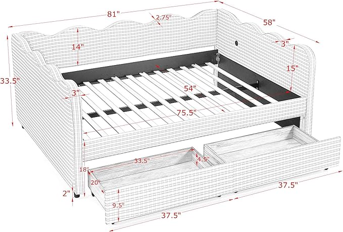 Cozy Gingham Daybed with Trundle Twin Size Sofa Bed No Box Spring Needed with USB Port and Adorable Wave Shaped Linen Fabric Navy (Black+Full+2 Drawers)