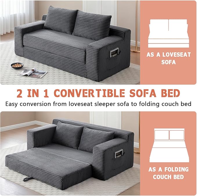 73“ Boneless Loveseat Couch 2 in 1 Pull Out Sleeper Sofa with Side Pockets &amp 2 Pillows Folding Convertible Corduroy Floor Couch for Apartment Living Room Bedroom No Assembly(Grey)