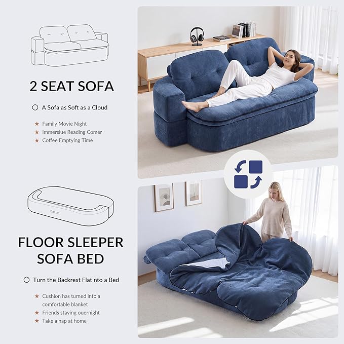 Kuahisoofa 78 Memory Foam Convertible Sofa Bed with Built-in Quilt Foldable Floor Couch Sleeper for Guests Room &amp Living Room Boneless Futon Cloud Sofa for Small Spaces Blue